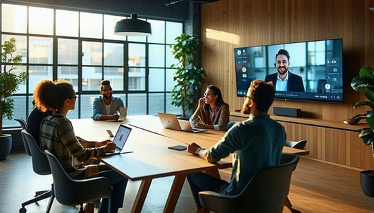 In a large meeting room big windows offer calming natural light A 50inch display shows a video conference with a video bar nearby Five participants sit around a modern table with laptops exchanging ideas The light and shadow create a cozy stimulating